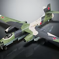 Military Aircraft Model With Camouflage Paint Red Star Emblems And Twin Engines