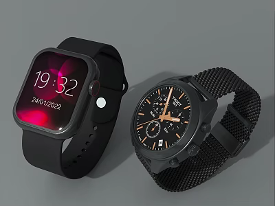 Two Smart Watches With Digital Display Black Strap And Mesh Band Design 3d model