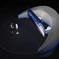 Futuristic Display Scene With Woman Standing Near Large Screen And Fan Shaped Device