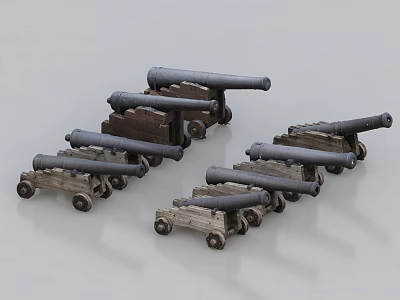 Ancient Cannon Models With Wooden Carriages And Metal Barrels Arranged Together 3d model