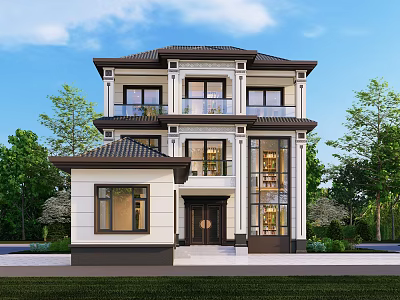 Detached Villa Modern Exterior Design Two Story With Large Windows Balconies Green Trees And Lawn 3d model
