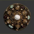 Intricate Golden Carved Jewelry Pendant With Turquoise Ruby Green Gemstones And Floral Patterns
