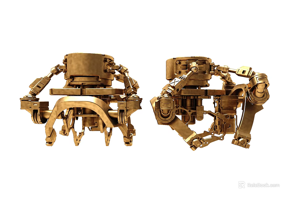 Two Golden Mechanical Structures With Intricate Metallic Components And Detailed Design 3d model