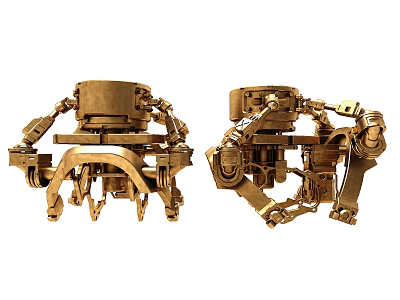 Two Golden Mechanical Structures With Intricate Metallic Components And Detailed Design 3d model