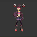 3D Game Character with Pink Hair Purple Hat Red Balls Purple Coat and Pink Boots