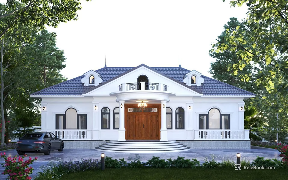 Elegant Detached Villa Featuring White Exterior Dark Roof Wooden Door And Front Steps 3d model 