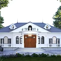 Elegant Detached Villa Featuring White Exterior Dark Roof Wooden Door And Front Steps