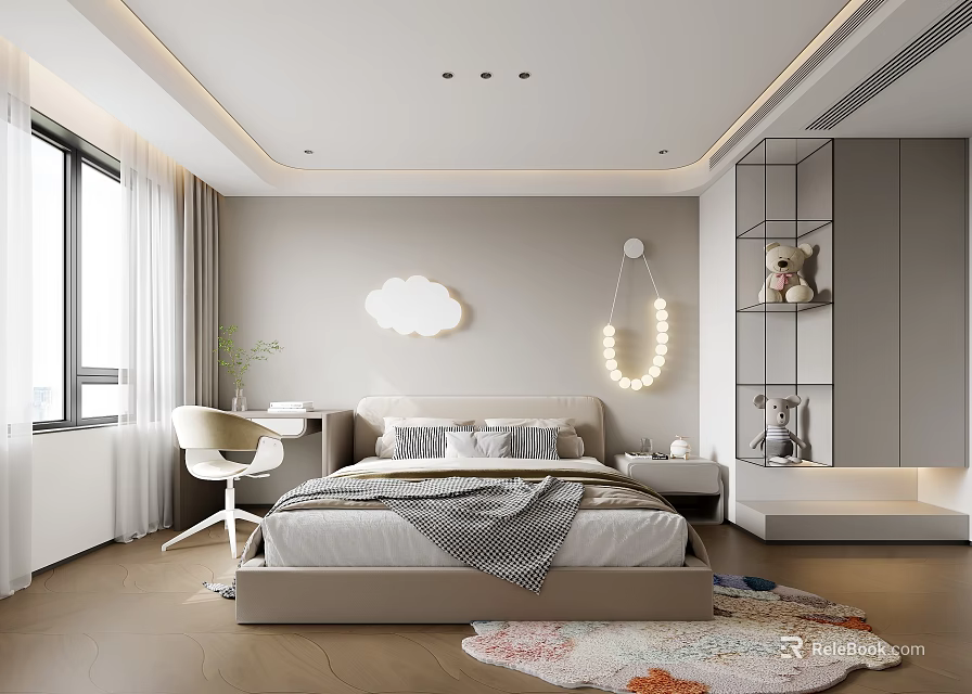 Modern Kids Room Interior With Cloud Decor Moon String Lights Desk Chair And Colorful Rug 3d model 