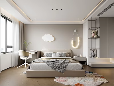 Modern Kids Room Interior With Cloud Decor Moon String Lights Desk Chair And Colorful Rug 3d model