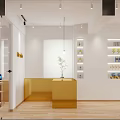 Modern Retail Interior With Golden Reception Counter Product Shelves Small Plant Wooden Flooring And Spotlights