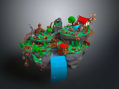 Enchanted Floating Islands Scene With Waterfall Windmill Cottages And Lush Green Vegetation 3d model