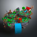 Enchanted Floating Islands Scene With Waterfall Windmill Cottages And Lush Green Vegetation