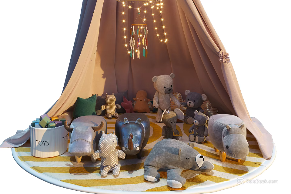Stuffed Plush Dolls Inside Teepee Tent With String Lights Striped Rug And Boys Toys Bucket 3d model 