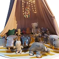 Stuffed Plush Dolls Inside Teepee Tent With String Lights Striped Rug And Boys Toys Bucket