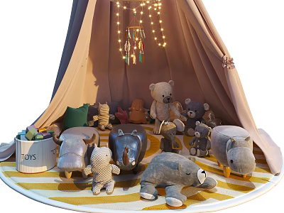 Stuffed Plush Dolls Inside Teepee Tent With String Lights Striped Rug And Boys Toys Bucket 3d model