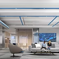 Modern Public Office Space With Open Layout Glass Partitions Wooden Elements And Blue Screens
