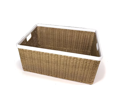 Brown Woven Rectangular Storage Basket With White Rim And Handles 3d model