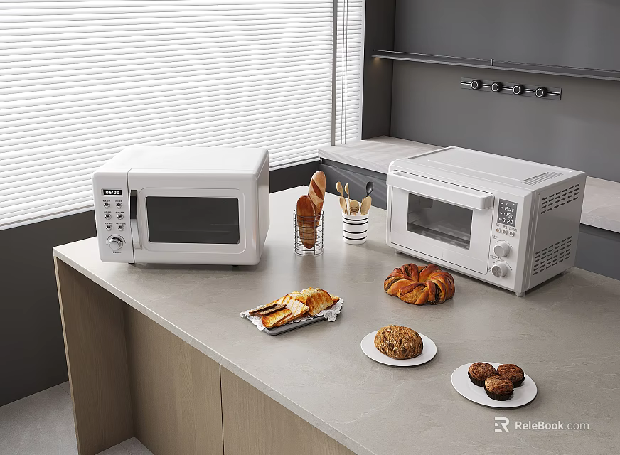Modern White Kitchen Microwaves On Countertop With Baked Goods Utensils Window Blinds And Cabinets 3d model 