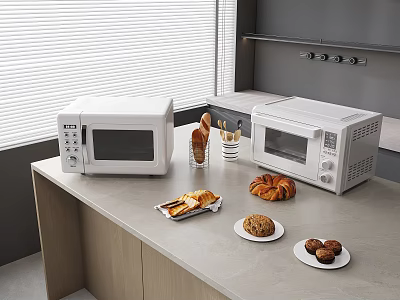 Modern White Kitchen Microwaves On Countertop With Baked Goods Utensils Window Blinds And Cabinets 3d model