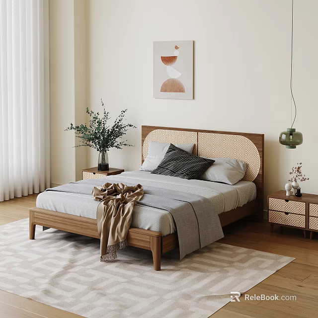 Modern Double Bed With Wooden Rattan Headboard Gray Bedding Pillows Nightstands Plants And Pendant Light 3d model 