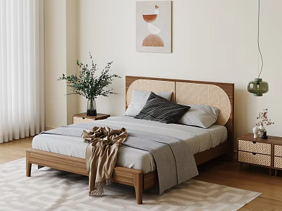 Modern Double Bed With Wooden Rattan Headboard Gray Bedding Pillows Nightstands Plants And Pendant Light 3d model