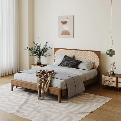 Modern Double Bed With Wooden Rattan Headboard Gray Bedding Pillows Nightstands Plants And Pendant Light 3d model