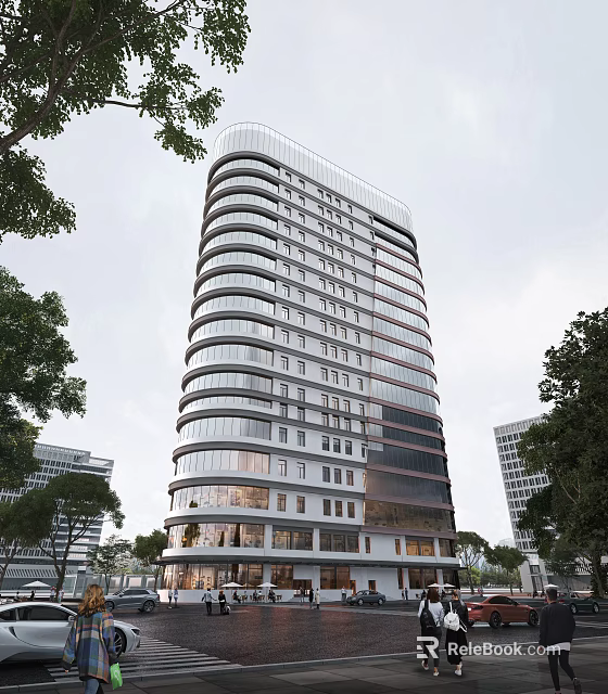 Modern High Rise Commercial Complex With Glass Curtain Walls And Urban Greenery 3d model 