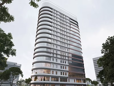 Modern High Rise Commercial Complex With Glass Curtain Walls And Urban Greenery 3d model