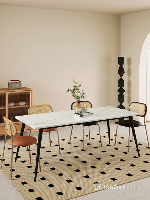 Modern Dining Table Set With Marble Top Wicker Back Chairs And Geometric Decor 3d model 