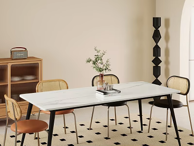 Modern Dining Table Set With Marble Top Wicker Back Chairs And Geometric Decor 3d model