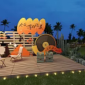 Sunset Scene With Palm Trees Colorful Bunting Flags And Outdoor Lounge Area