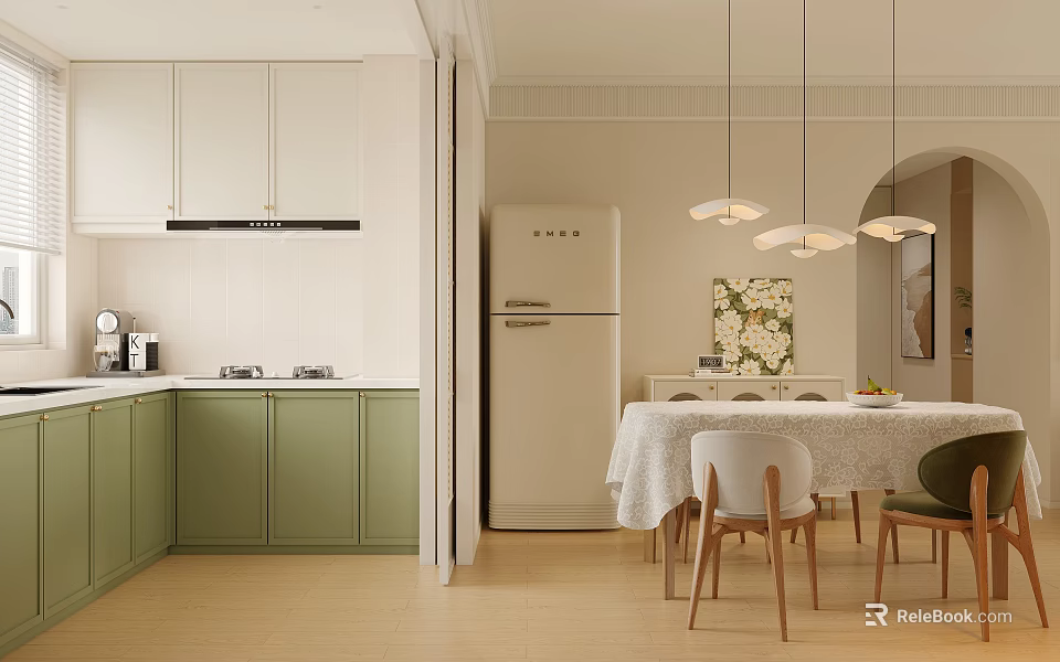 Bright Modern Restaurant Interior With Green Cabinets Dining Table And Hanging Lights 3d model 