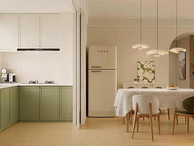 Bright Modern Restaurant Interior With Green Cabinets Dining Table And Hanging Lights 3d model