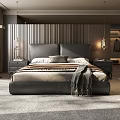 Modern Double Bed With Vertical Striped Headboard Nightstands And Scenic View