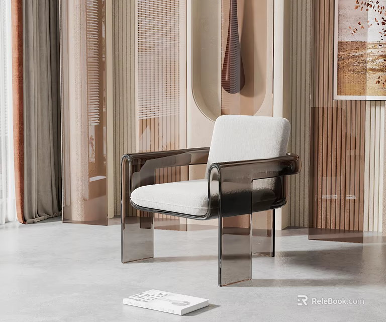 Modern Leisure Chair with Transparent Acrylic Armrests White Cushion in Modern Interior Wooden Striped Wall 3d model 