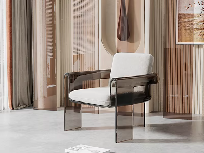 Modern Leisure Chair with Transparent Acrylic Armrests White Cushion in Modern Interior Wooden Striped Wall 3d model
