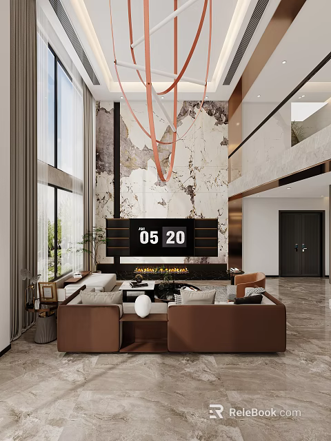 Modern Duplex Living Room With Large Windows Artistic Wall And Sofas 3d model