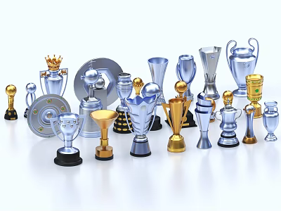 Collection of Various Gold Silver Trophies and Medals with Different Shapes and Bases 3d model