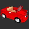 Cute Doll Riding Red Convertible Toy Car with Beige Seats and Black Wheels