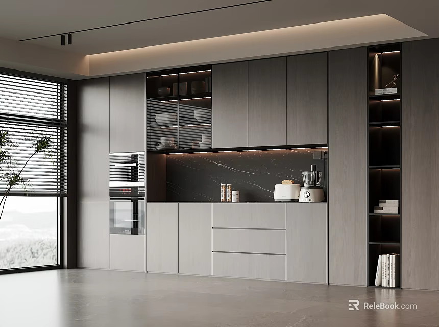 Modern Kitchen Interior With Gray Cabinets Marble Countertop Open Shelves And Built In Oven 3d model 