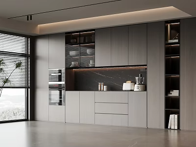 Modern Kitchen Interior With Gray Cabinets Marble Countertop Open Shelves And Built In Oven 3d model