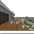 Courtyard Garden Design With Wooden Deck Rattan Furniture Spherical Lights And Green Plants