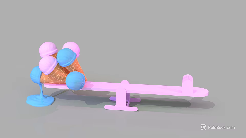 Pink Seesaw With Ice Cream Cones Blue Pink Scoops And Melting Ice Cream 3d model 