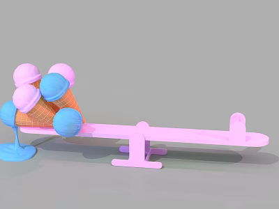 Pink Seesaw With Ice Cream Cones Blue Pink Scoops And Melting Ice Cream 3d model