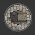 Traditional Wooden Kebab Cart With Rotating Skewer Wheel And Stone Tile Base