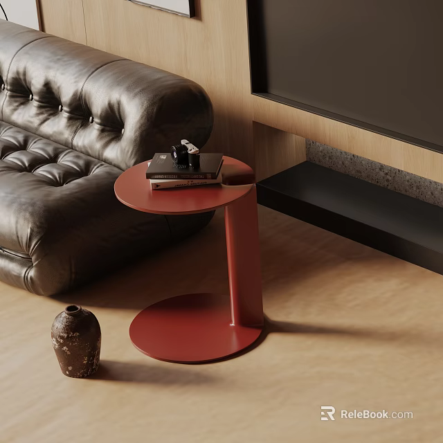 Red Side Table with Books Next to Tufted Leather Sofa on Wooden Floor 3d model 