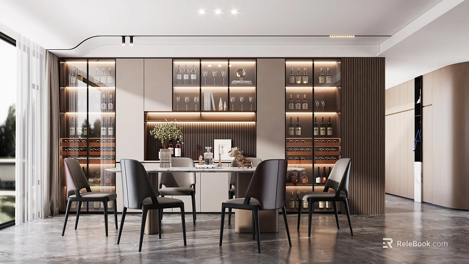 Modern Restaurant Interior Featuring Dining Table Chairs Wine Cabinets And Ambient Lighting 3d model
