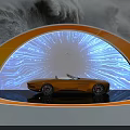 Display Shelf Showcasing Mercedes-Benz Car with Blue Orange Curved Structure and Logo