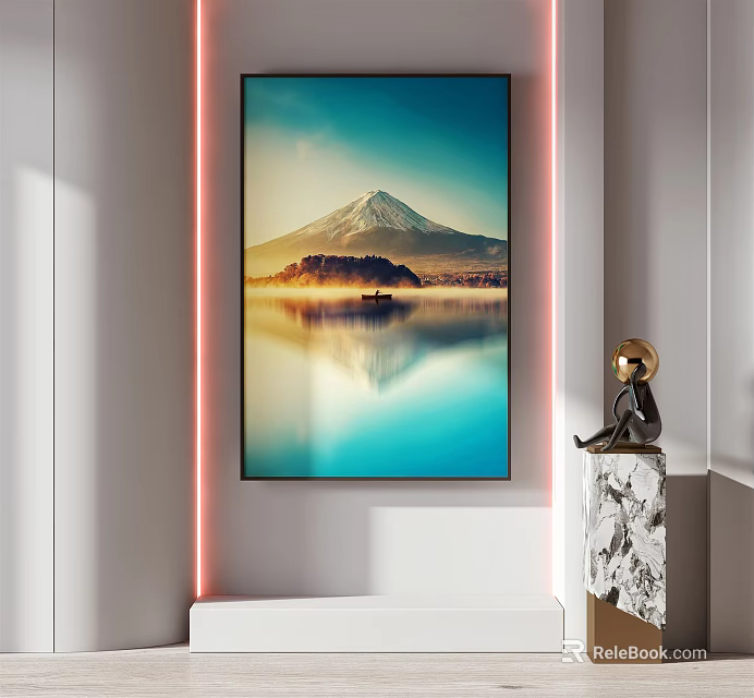 Scenic Mountain Lake Reflection Art With Decorative Sculpture On White Wall 3d model 