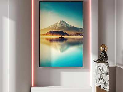 Scenic Mountain Lake Reflection Art With Decorative Sculpture On White Wall 3d model